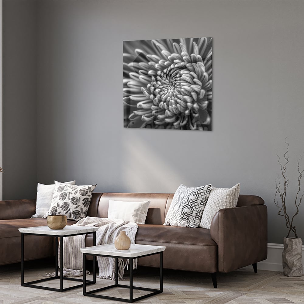 Schwarz-Weiß-Glasbild mit geschwungener Blume – Glasbild aus Sicherheitsglas, Größe 120x80