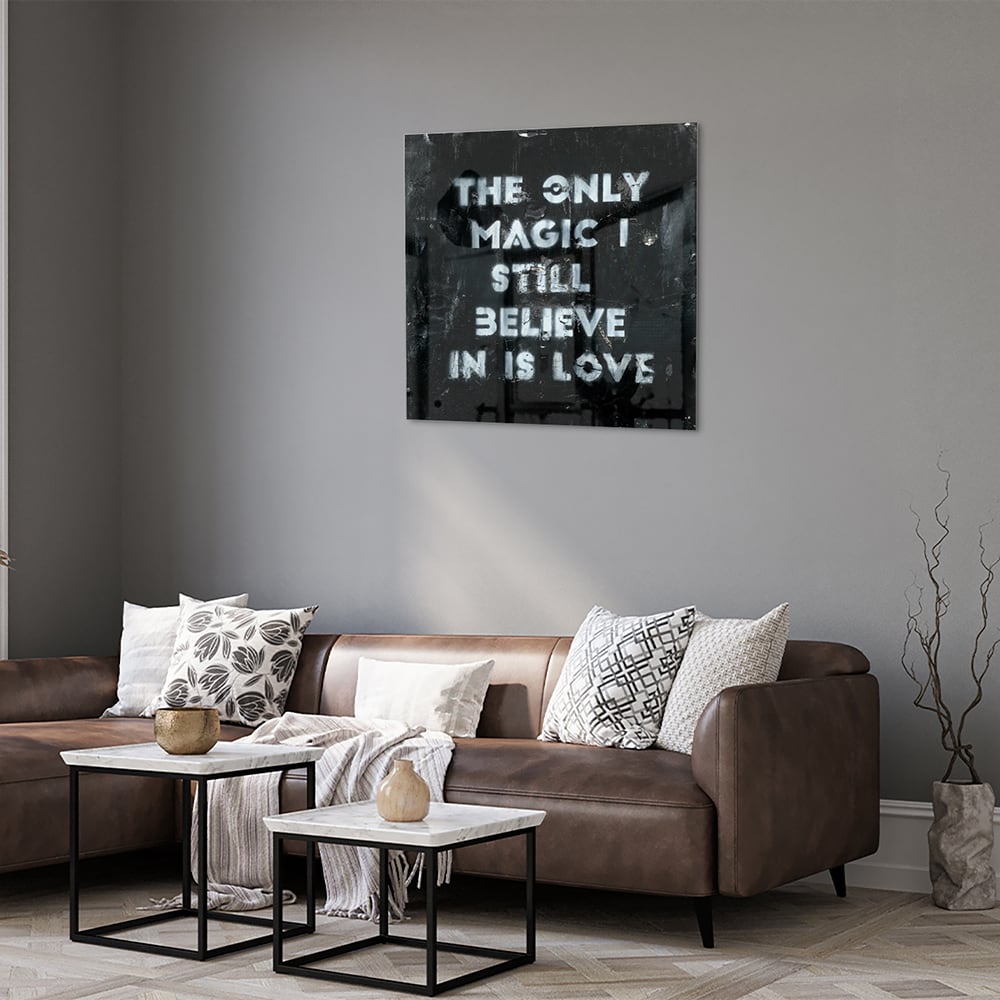 Glasbild mit Schriftzug „Believe in Love“ – Glasbild aus Sicherheitsglas, Größe 120x80