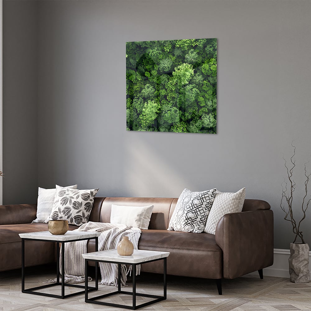 Glasbild mit Himmelsmotiv und üppigem grünen Wald – Glasbild aus Sicherheitsglas, Größe 120x80