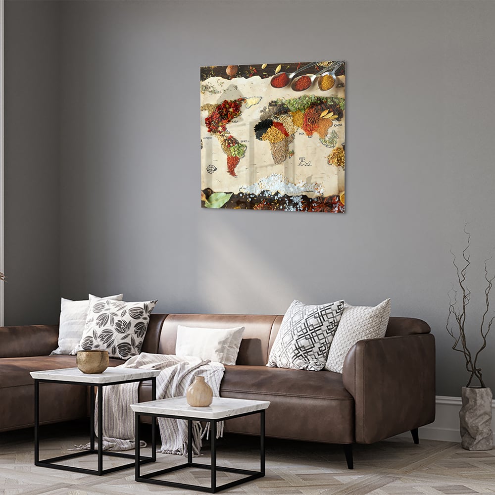 Farbenfrohes Glasbild mit Früchten und Gewürzen – Glasbild aus Sicherheitsglas, Größe 120x80