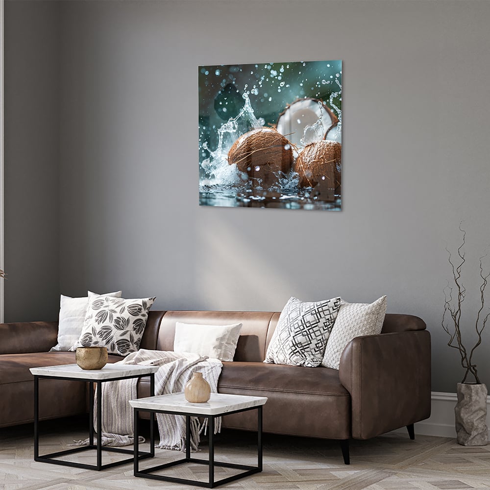 Glasbild Kokosnuss-Trio mit Wasserstrahlen – Glasbild aus Sicherheitsglas, Größe 120x80