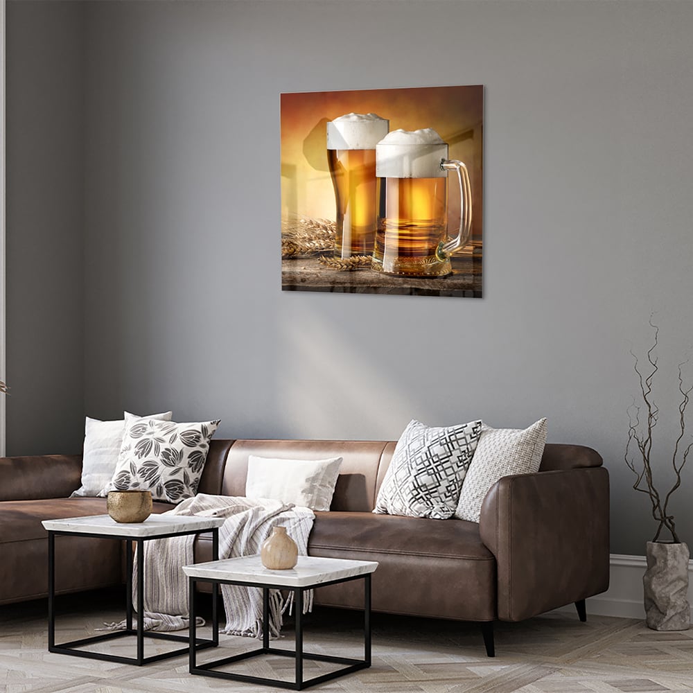 Stilvolles Glasbild mit Bier und Gerste – Glasbild aus Sicherheitsglas, Größe 120x80