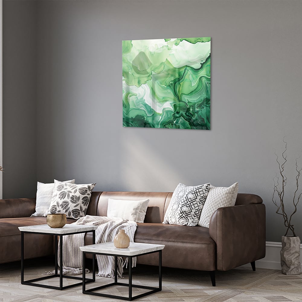 Grünes marmoriertes Glasbild für moderne Innenräume – Glasbild aus Sicherheitsglas, Größe 120x80