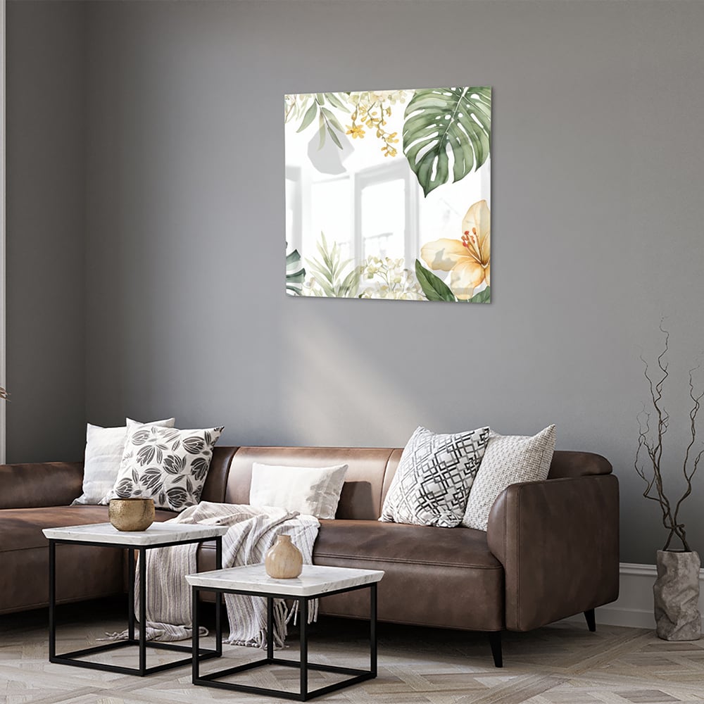Glasbild mit tropischen Blättern und botanischer Flora – Glasbild aus Sicherheitsglas, Größe 120x80
