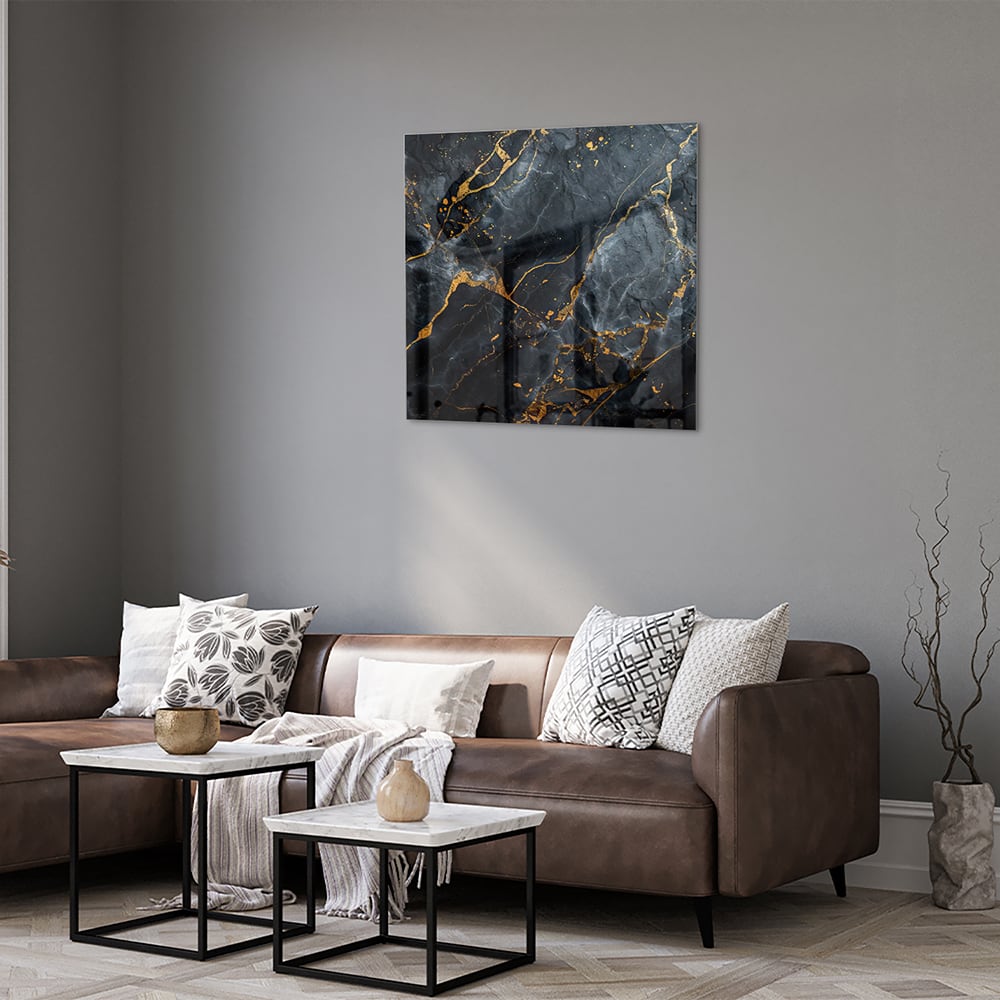 Elegantes Glasbild mit Marmoroptik und goldenen Adern – Glasbild aus Sicherheitsglas, Größe 120x80