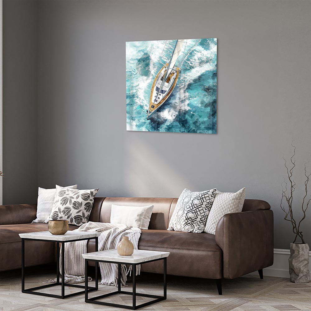 Wunderschönes Glasbild mit einer Yacht auf dem See – Glasbild aus Sicherheitsglas, Größe 120x80