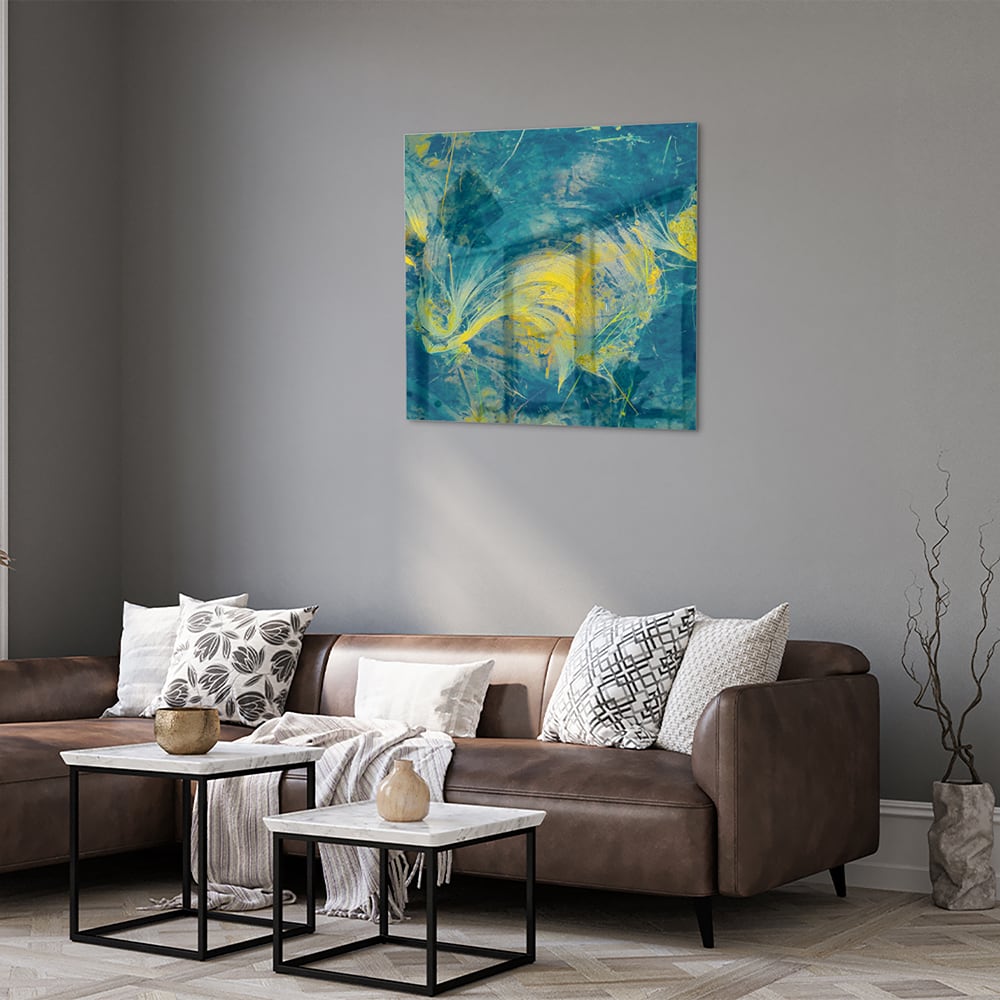 Farbenfrohes Glasbild mit abstraktem blau-gelbem Muster – Glasbild aus Sicherheitsglas, Größe 120x80