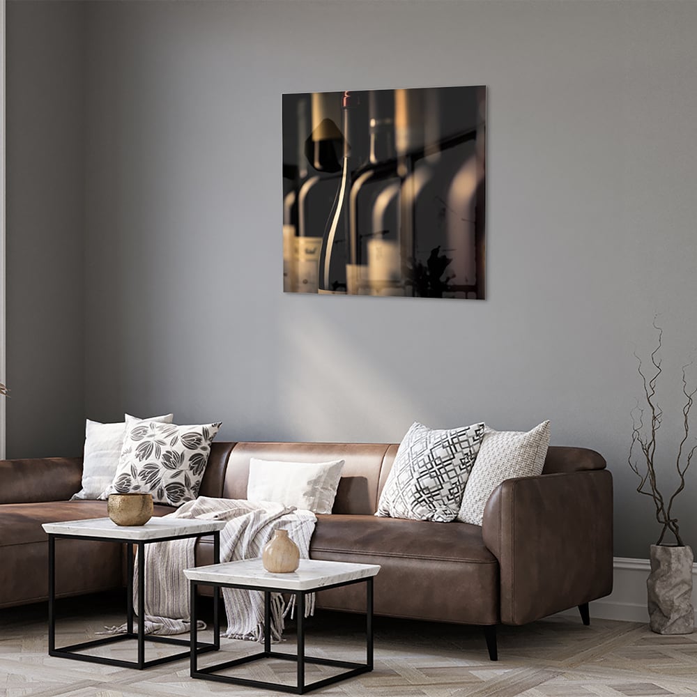 Elegantes Glasbild mit Weinflaschen – Glasbild aus Sicherheitsglas, Größe 120x80