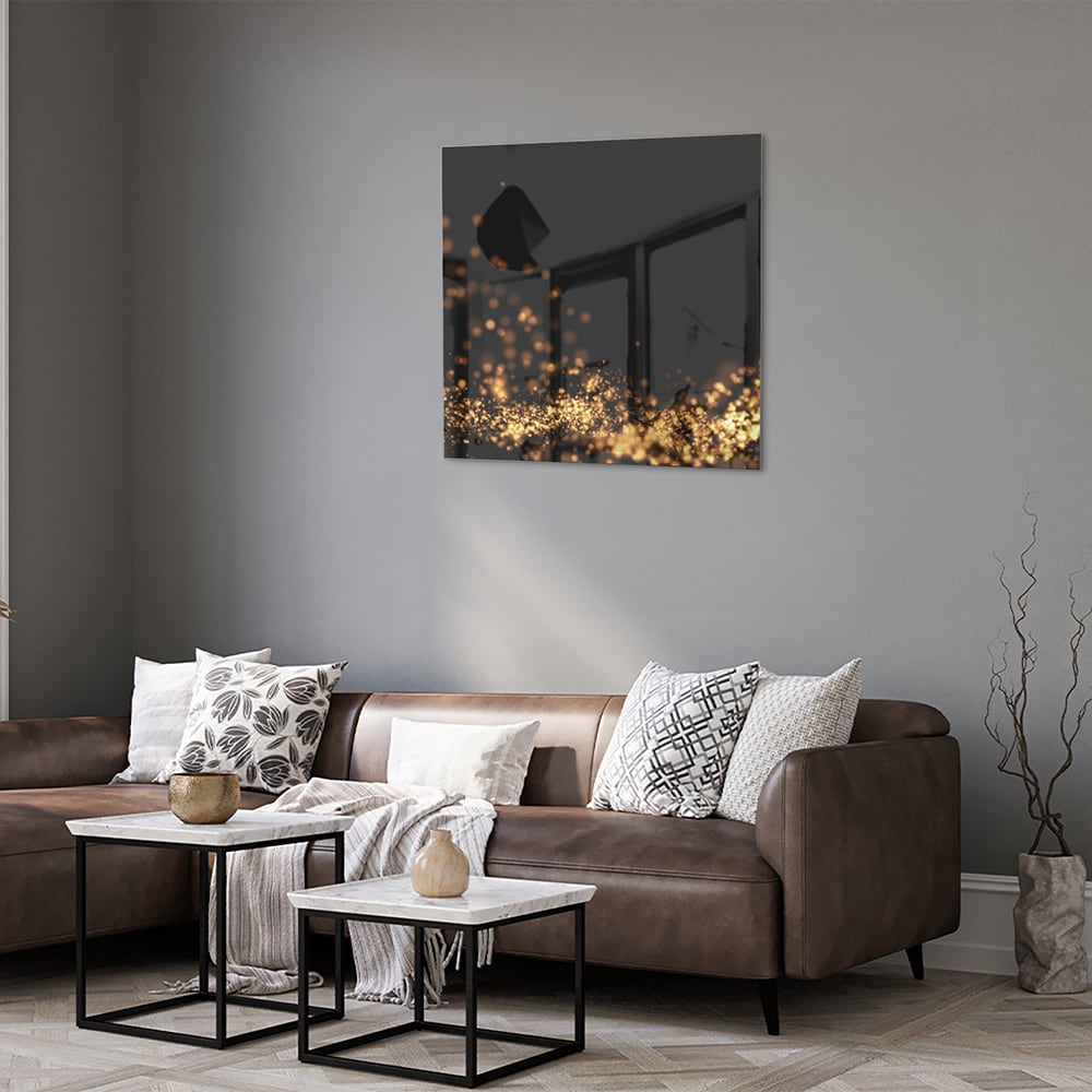 Glasbild mit goldenen Lichtpunkten auf schwarzem Hintergrund – Glasbild aus Sicherheitsglas, Größe 120x80