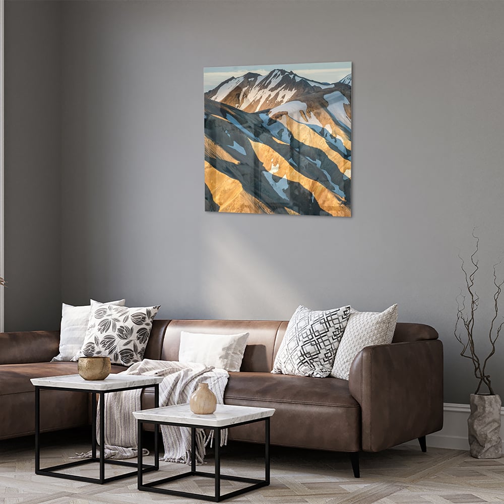 Glasbild mit Bergen und sanften Farben – Glasbild aus Sicherheitsglas, Größe 120x80