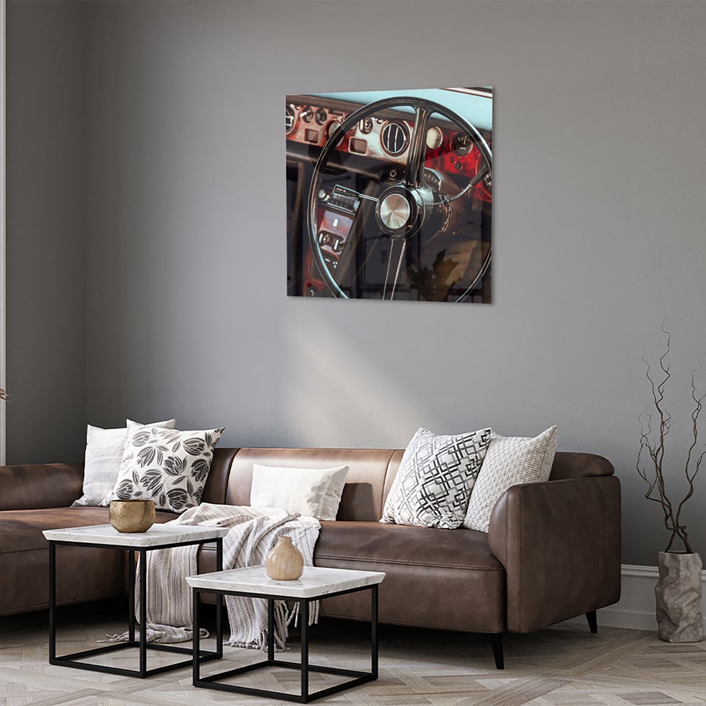 Retro-Auto-Glasbild mit Armaturenbrett für Liebhaber – Glasbild aus Sicherheitsglas, Größe 120x80