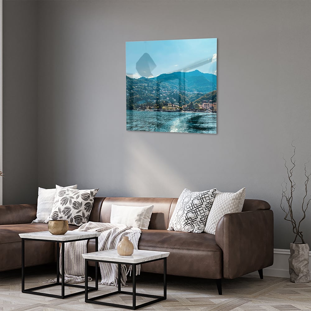 Atemberaubendes Glasbild mit Berglandschaft – Glasbild aus Sicherheitsglas, Größe 120x80