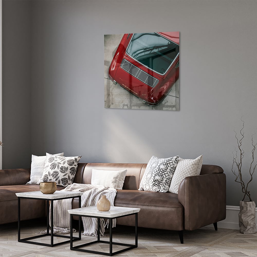 Stilvolles Glasbild mit einem roten Auto – Glasbild aus Sicherheitsglas, Größe 120x80