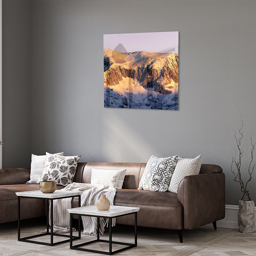 Atemberaubendes Glasbild mit Berglandschaft – Glasbild aus Sicherheitsglas, Größe 120x80