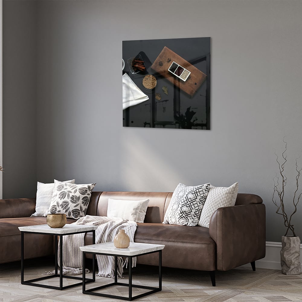 Modernes Glasbild mit Kaffee und Notizen – Glasbild aus Sicherheitsglas, Größe 120x80