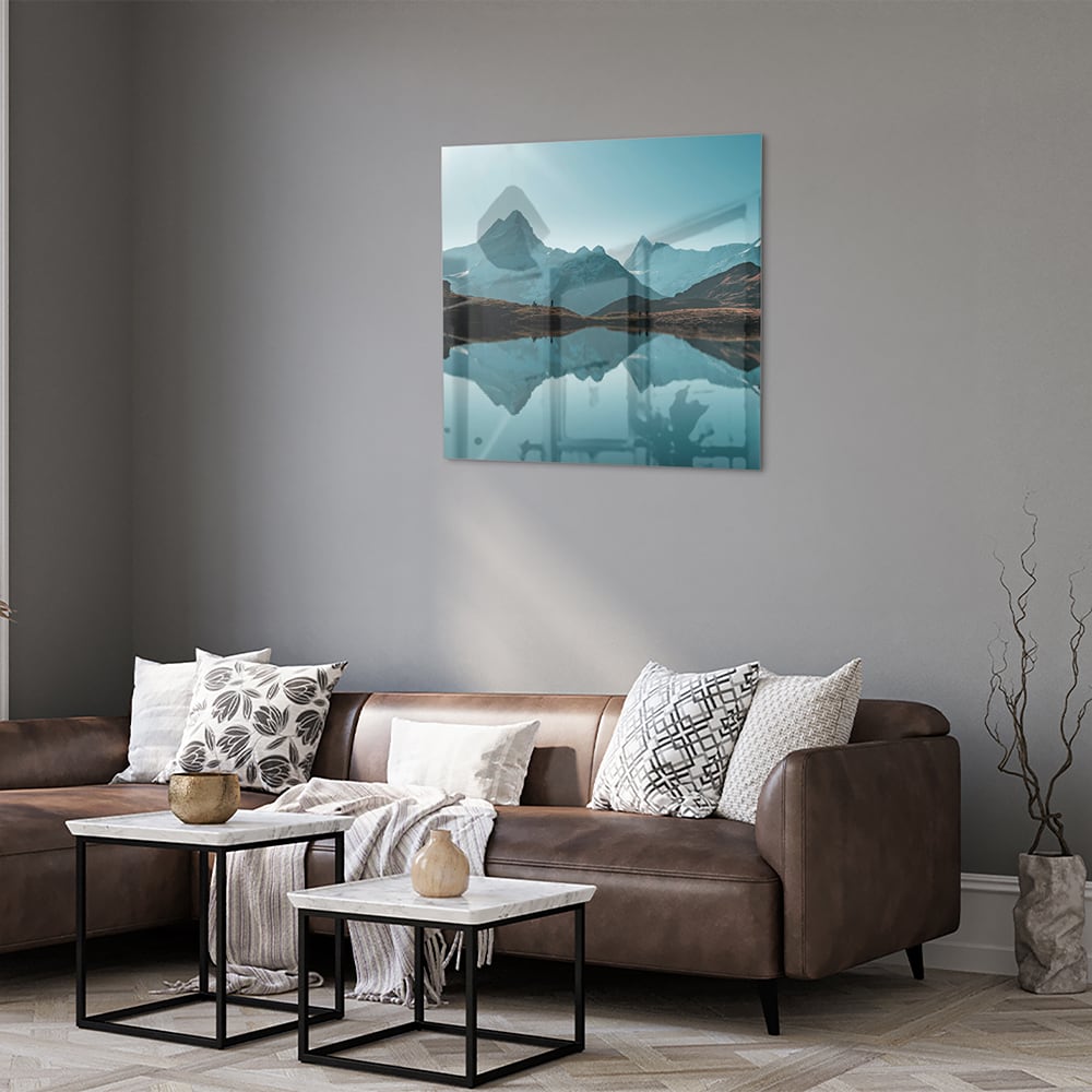 Glasbild mit Bergen und Wasserreflexionen – Glasbild aus Sicherheitsglas, Größe 120x80