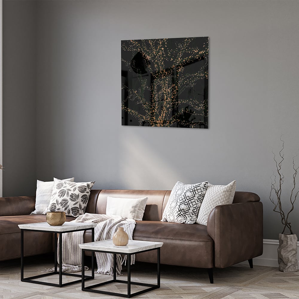 Glasbild mit goldenen Ästen auf schwarzem Hintergrund – Glasbild aus Sicherheitsglas, Größe 120x80