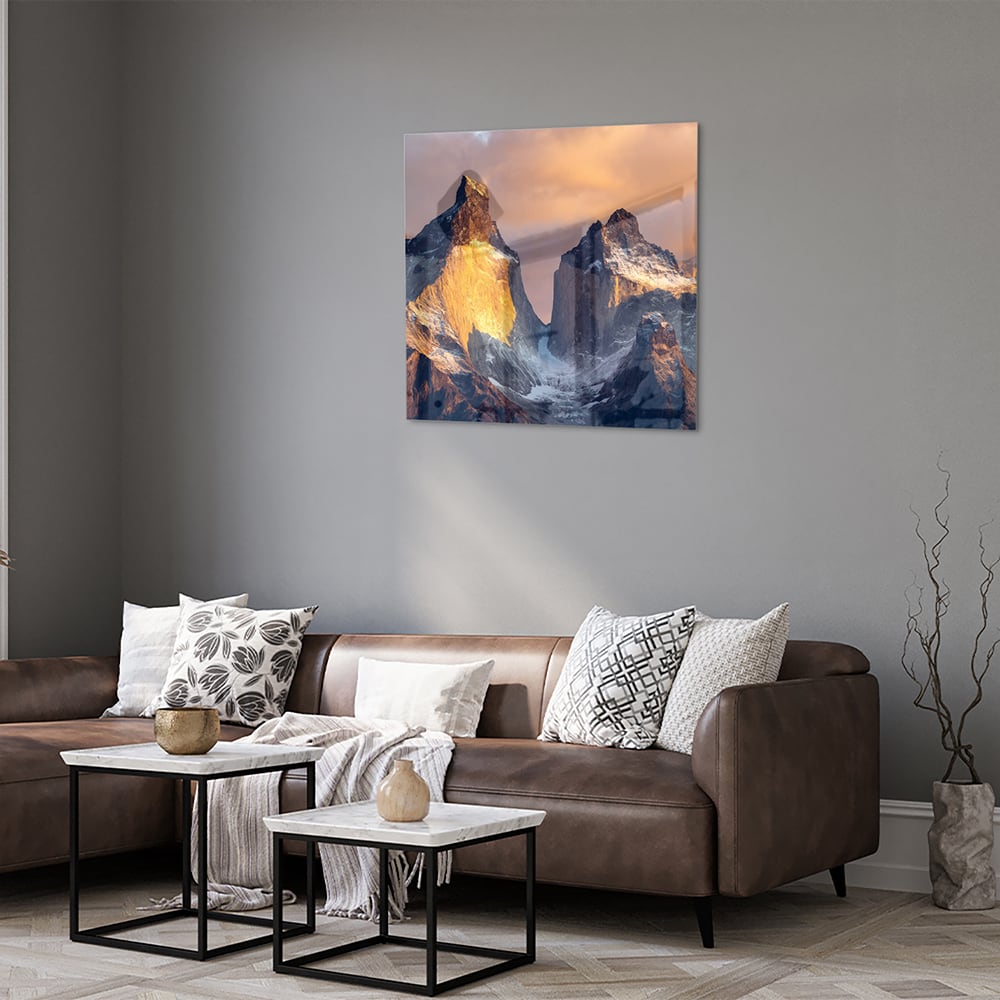 Glasbild mit majestätischen Bergen – Glasbild aus Sicherheitsglas, Größe 120x80