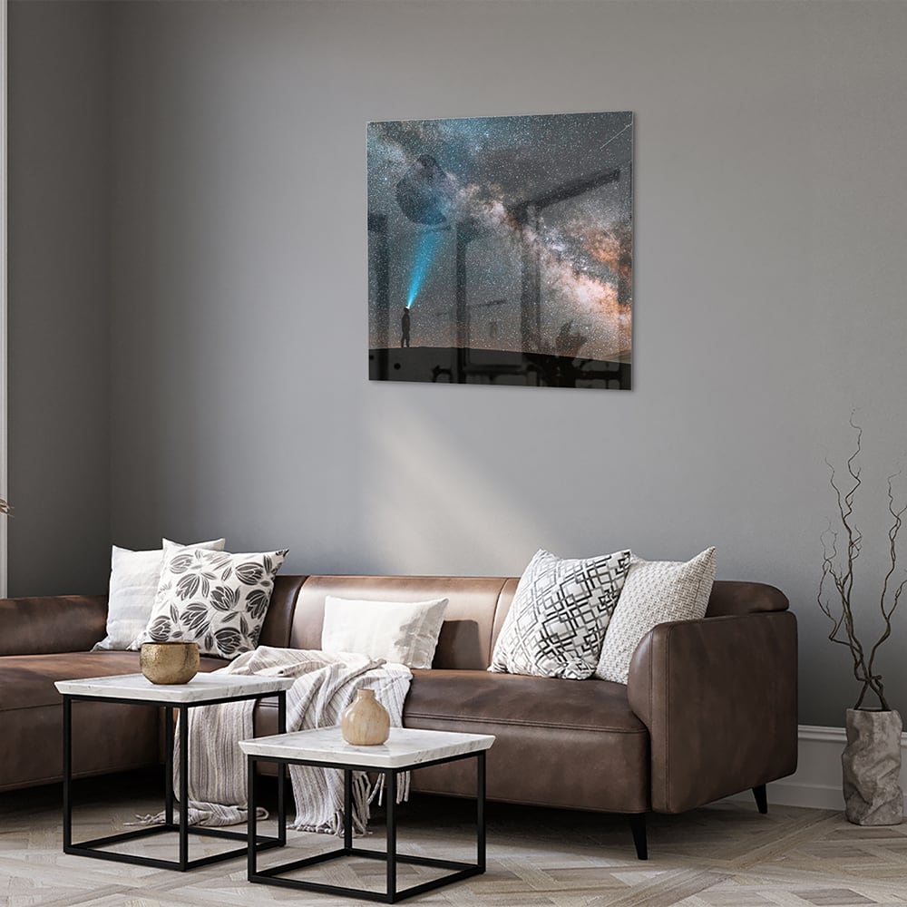 Glasbild Sternenhimmel mit Lichtstrahl – Glasbild aus Sicherheitsglas, Größe 120x80