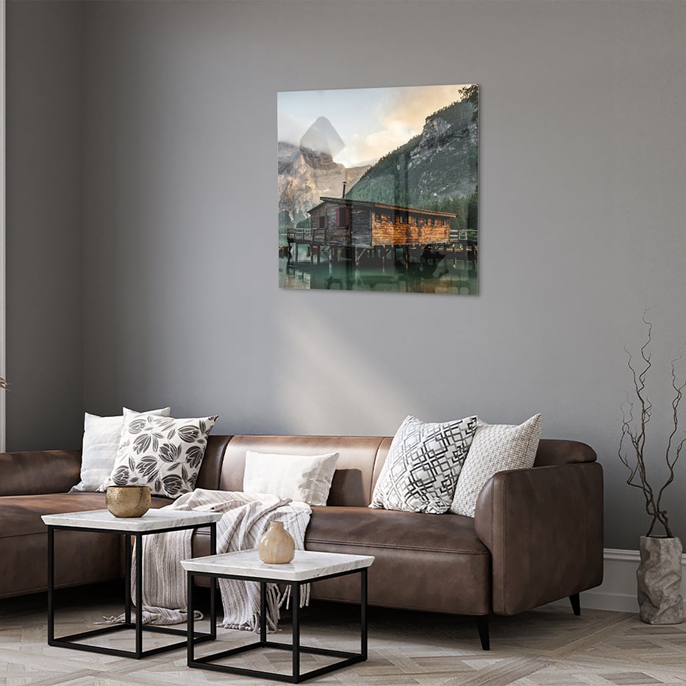 Bezauberndes Glasbild mit einer Berghütte – Glasbild aus Sicherheitsglas, Größe 120x80
