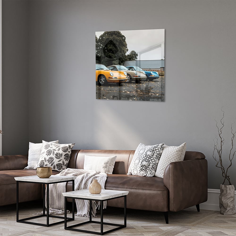 Fröhliches Glasbild mit gelbem Auto – Glasbild aus Sicherheitsglas, Größe 120x80