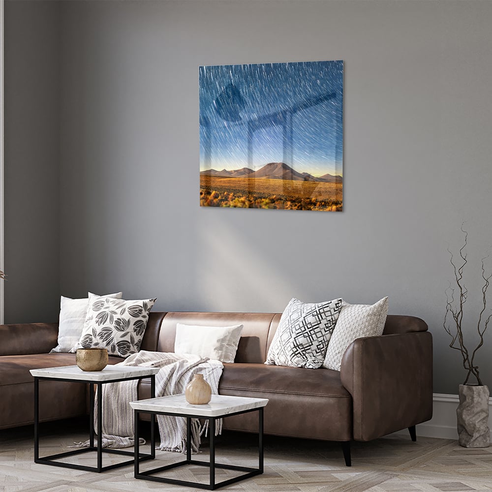 Glasbild mit Sternenhimmel über den Bergen – Glasbild aus Sicherheitsglas, Größe 120x80