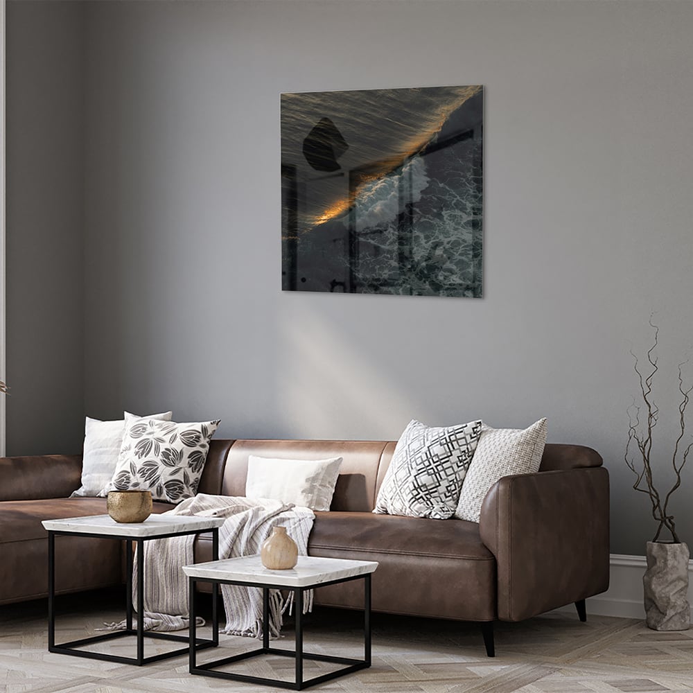Schwarzes Glasbild mit Meerblick und Goldakzenten – Glasbild aus Sicherheitsglas, Größe 120x80