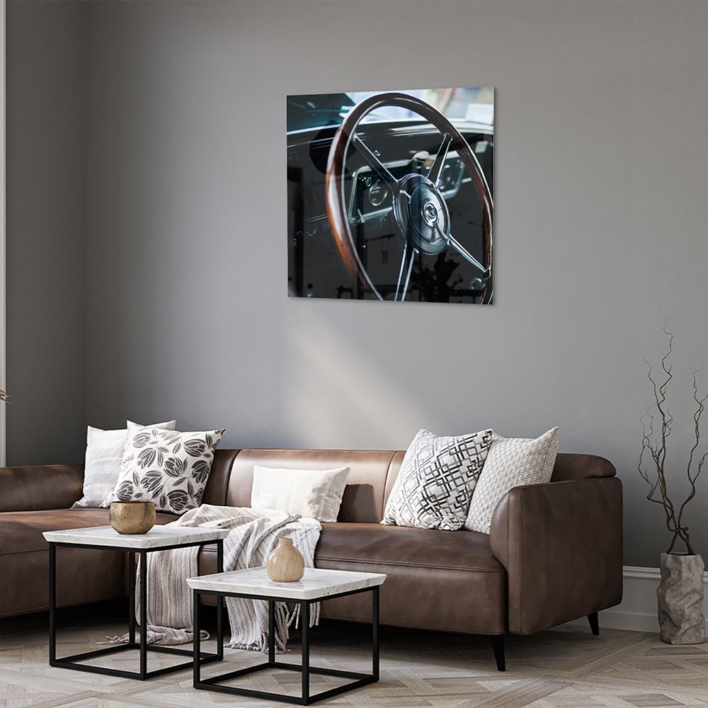 Glasbild Vintage-Glasbild mit klassischem Lenkrad – Glasbild aus Sicherheitsglas, Größe 120x80