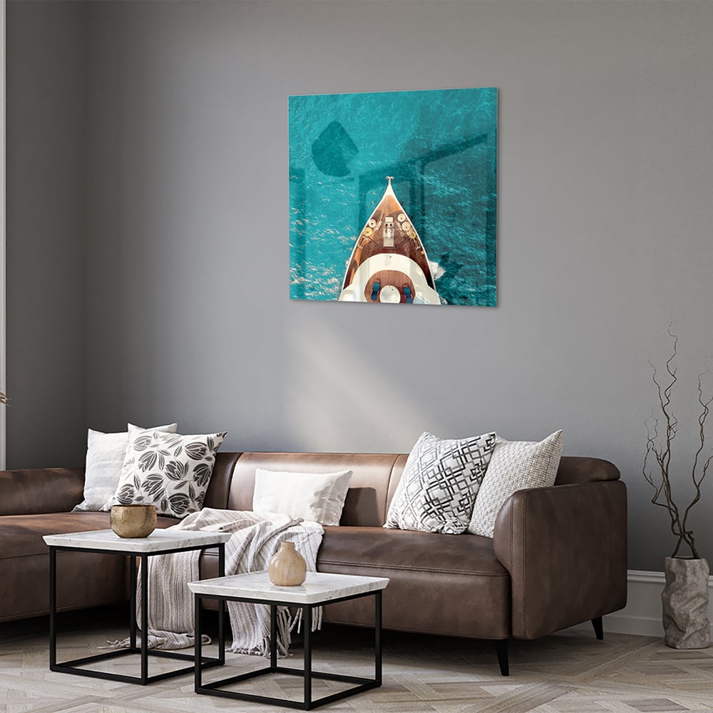 Glasbild mit einem Boot über Wasser – Glasbild aus Sicherheitsglas, Größe 120x80