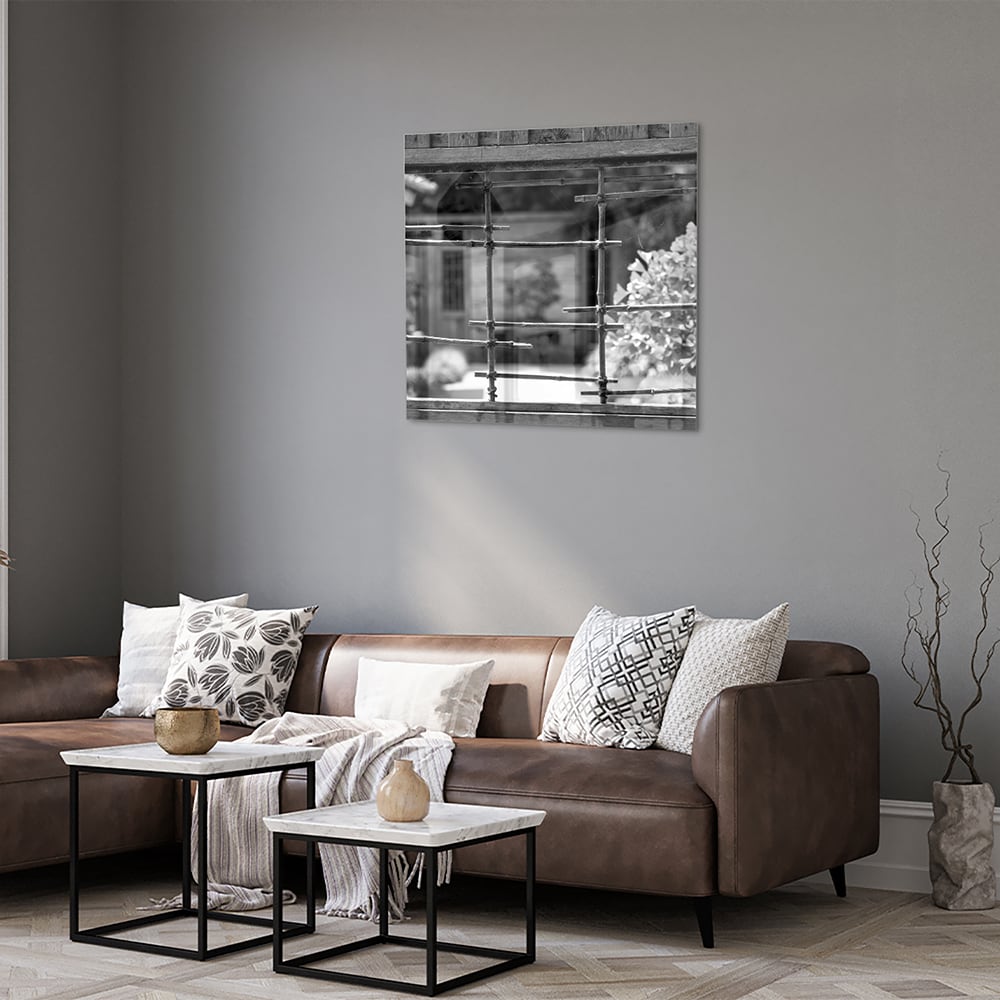 Modernes Glasbild mit Fensterblick – Glasbild aus Sicherheitsglas, Größe 120x80