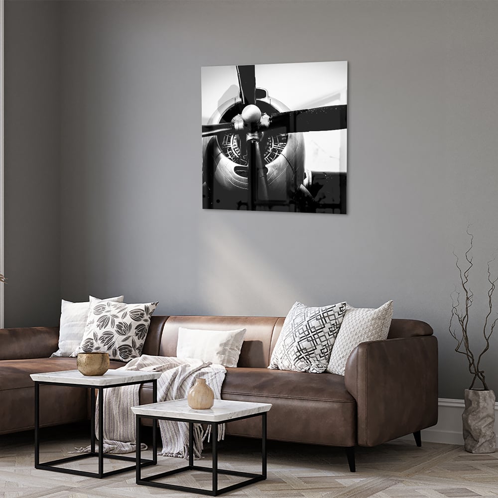 Schwarz-Weiß-Glasbild mit Vintage-Flugzeugpropeller – Glasbild aus Sicherheitsglas, Größe 120x80