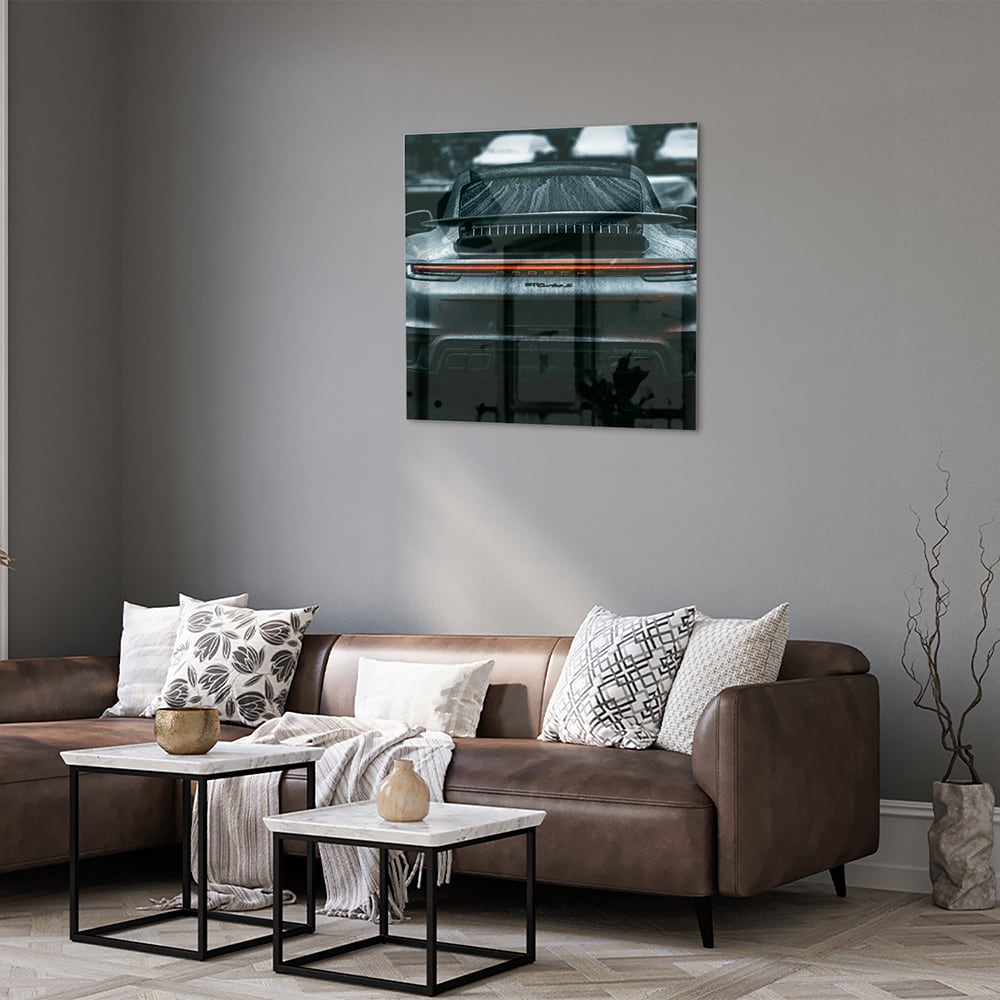 Elegantes Glasbild mit einem Sportwagen – Glasbild aus Sicherheitsglas, Größe 120x80