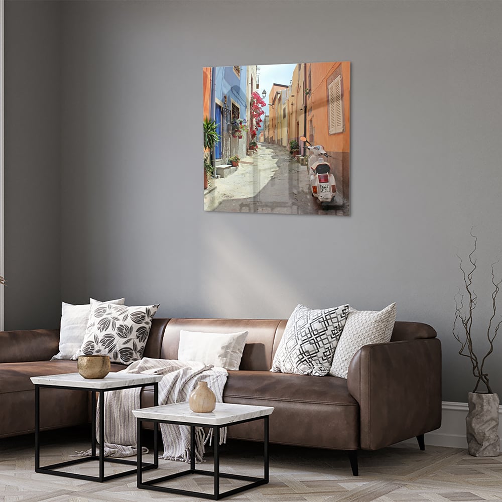 Buntes Glasbild mit Vespa auf einer Straße – Glasbild aus Sicherheitsglas, Größe 120x80