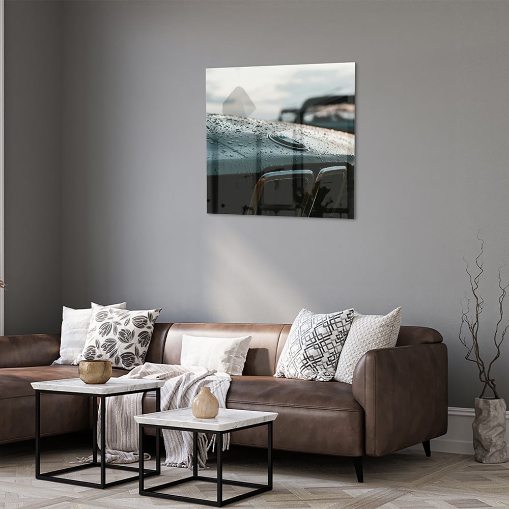 Glasbild mit nasser Autoscheibe – Stilvolles Interieur – Glasbild aus Sicherheitsglas, Größe 120x80