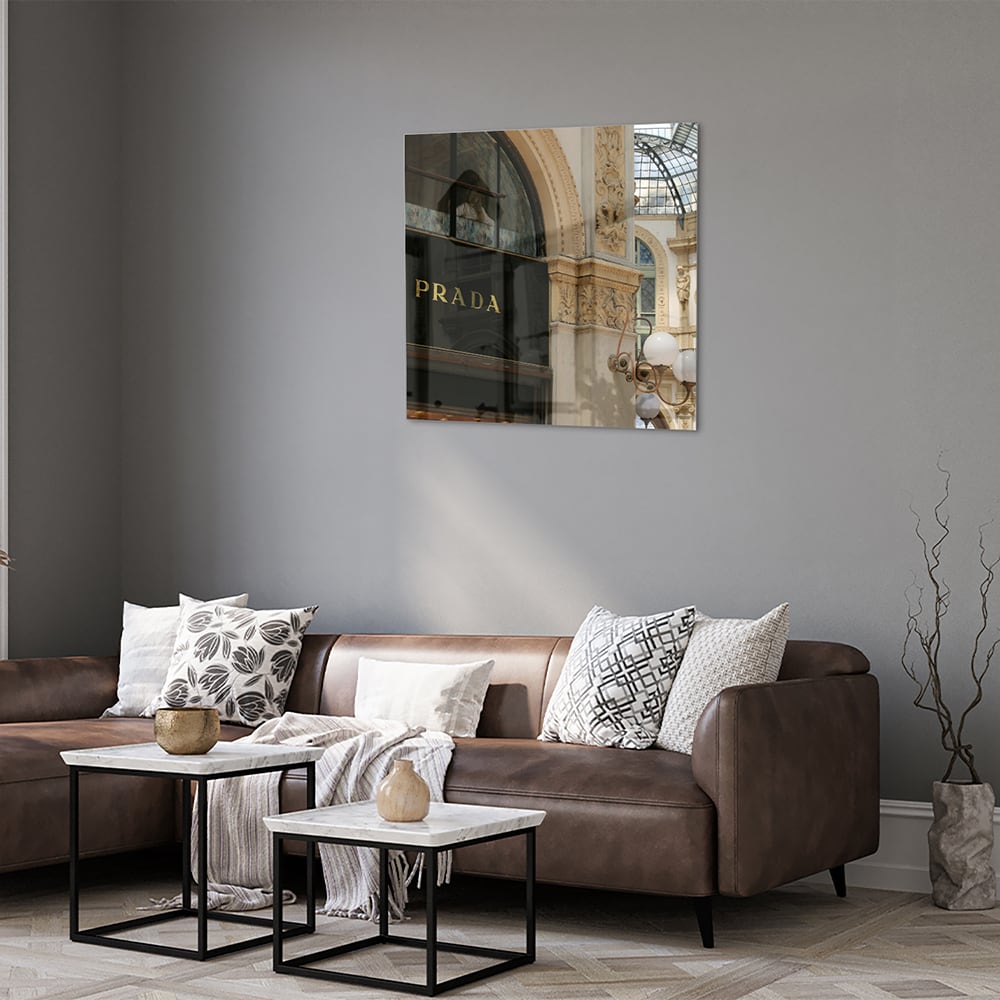 Elegantes Glasbild mit Luxus-Boutique – Glasbild aus Sicherheitsglas, Größe 120x80
