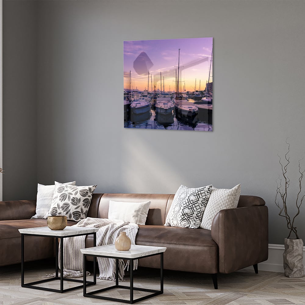 Glasbild mit Sonnenuntergang am Hafen – Glasbild aus Sicherheitsglas, Größe 120x80
