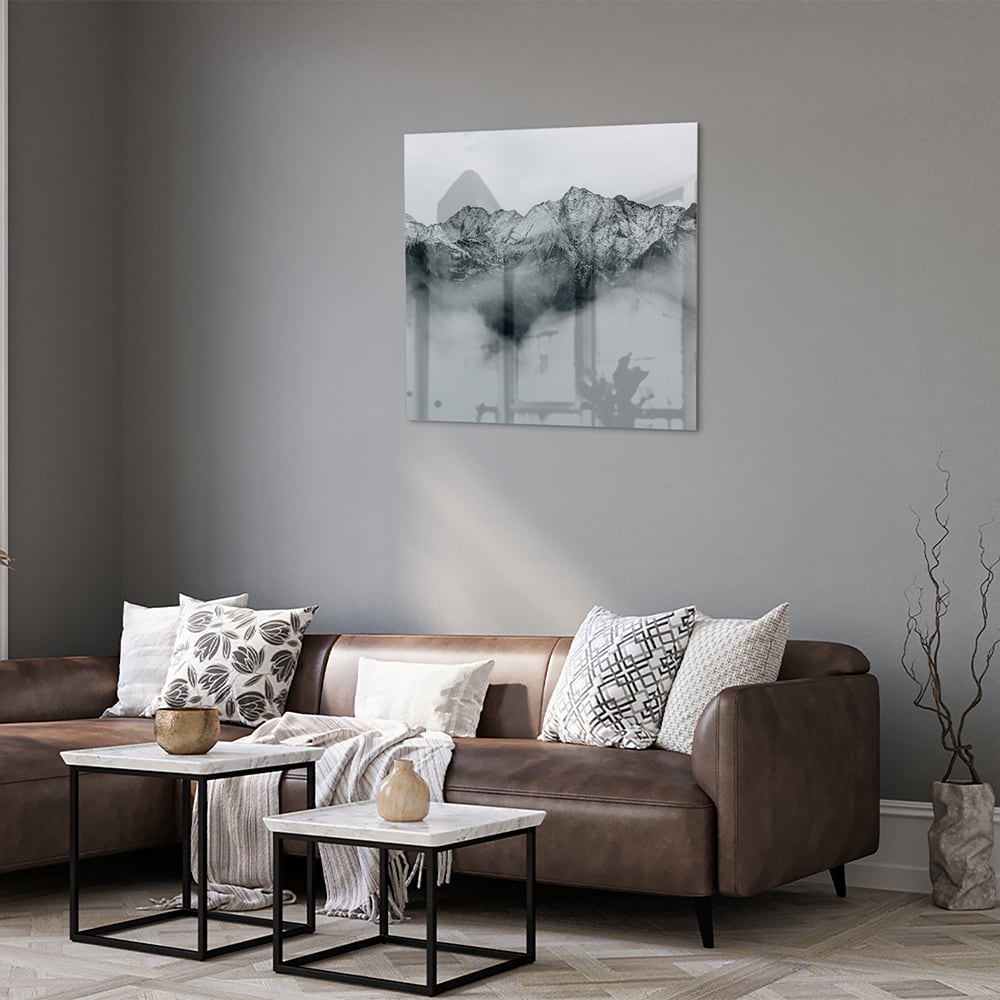 Elegantes Glasbild mit Bergen in Schwarz-Weiß – Glasbild aus Sicherheitsglas, Größe 120x80