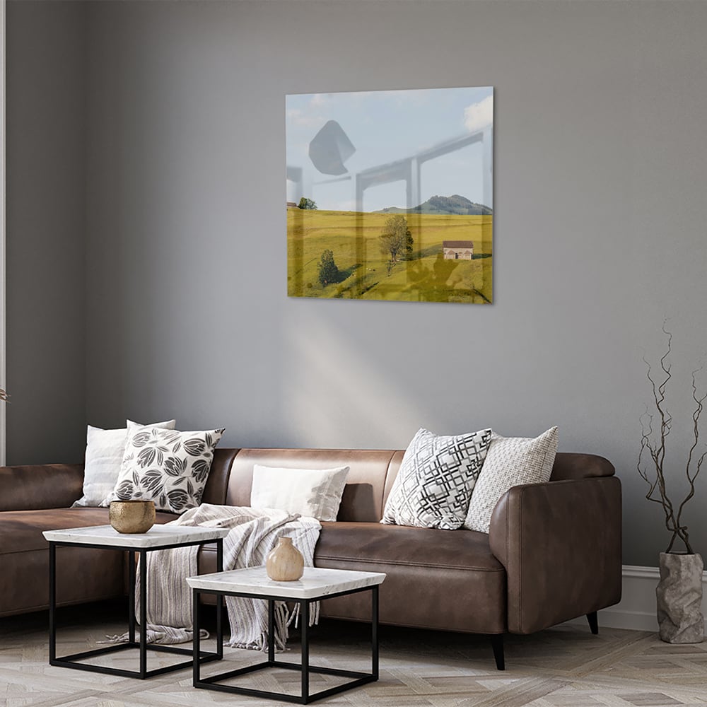 Glasbild mit grünen Hügeln in der Landschaft – Glasbild aus Sicherheitsglas, Größe 120x80