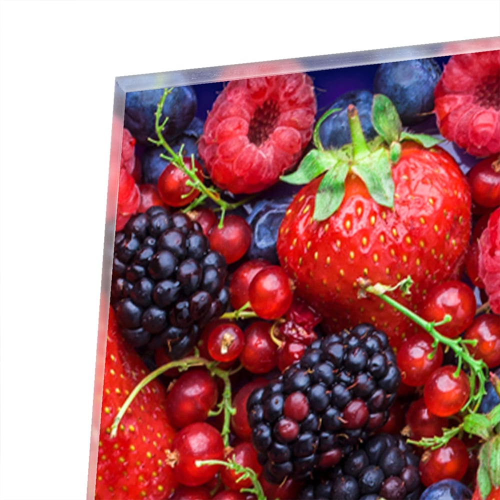 Farbenfrohes Glasbild mit Beeren und Früchten – Glasbild aus Sicherheitsglas, Größe 100x100_rond