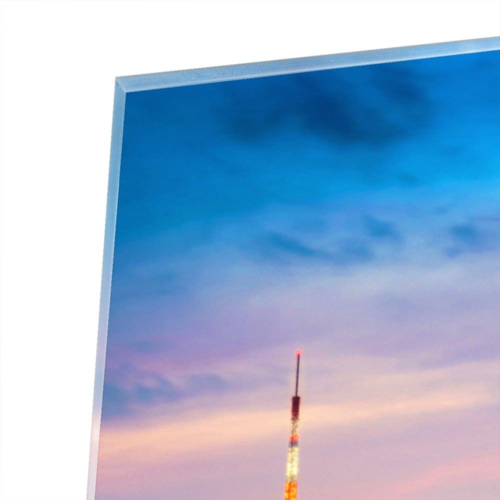 Glasbild mit Stadtpanorama, Fuji und Tokyo Tower – Glasbild aus Sicherheitsglas, Größe 100x100_rond