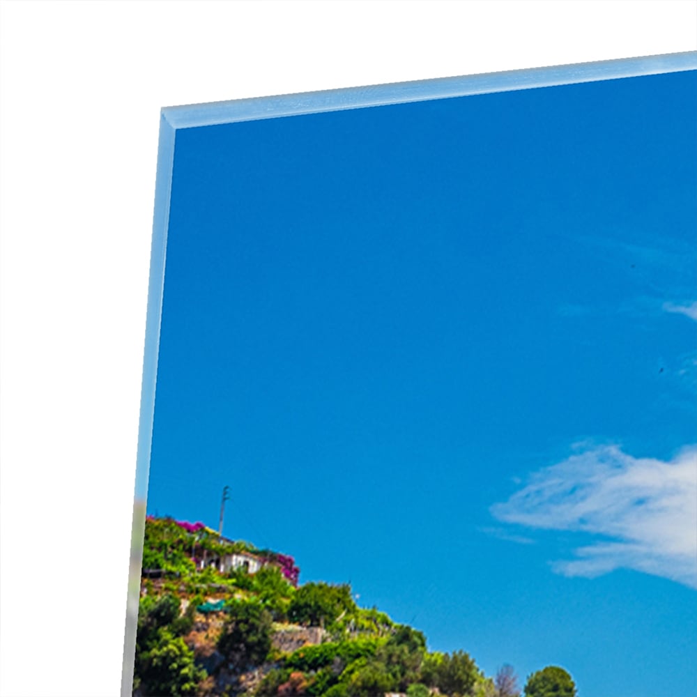 Glasbild mit blauem See und Bergen – Glasbild aus Sicherheitsglas, Größe 100x100_rond