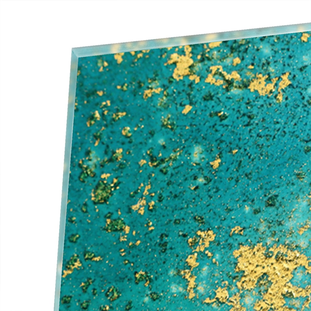 Glasbild mit goldenen Akzenten auf Türkis – Glasbild aus Sicherheitsglas, Größe 100x100_rond