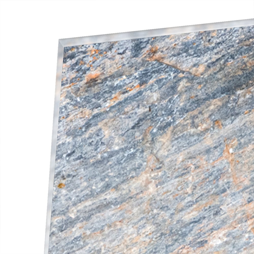Abstraktes Glasbild mit blauen und orangefarbenen Tönen – Glasbild aus Sicherheitsglas, Größe 100x100_rond