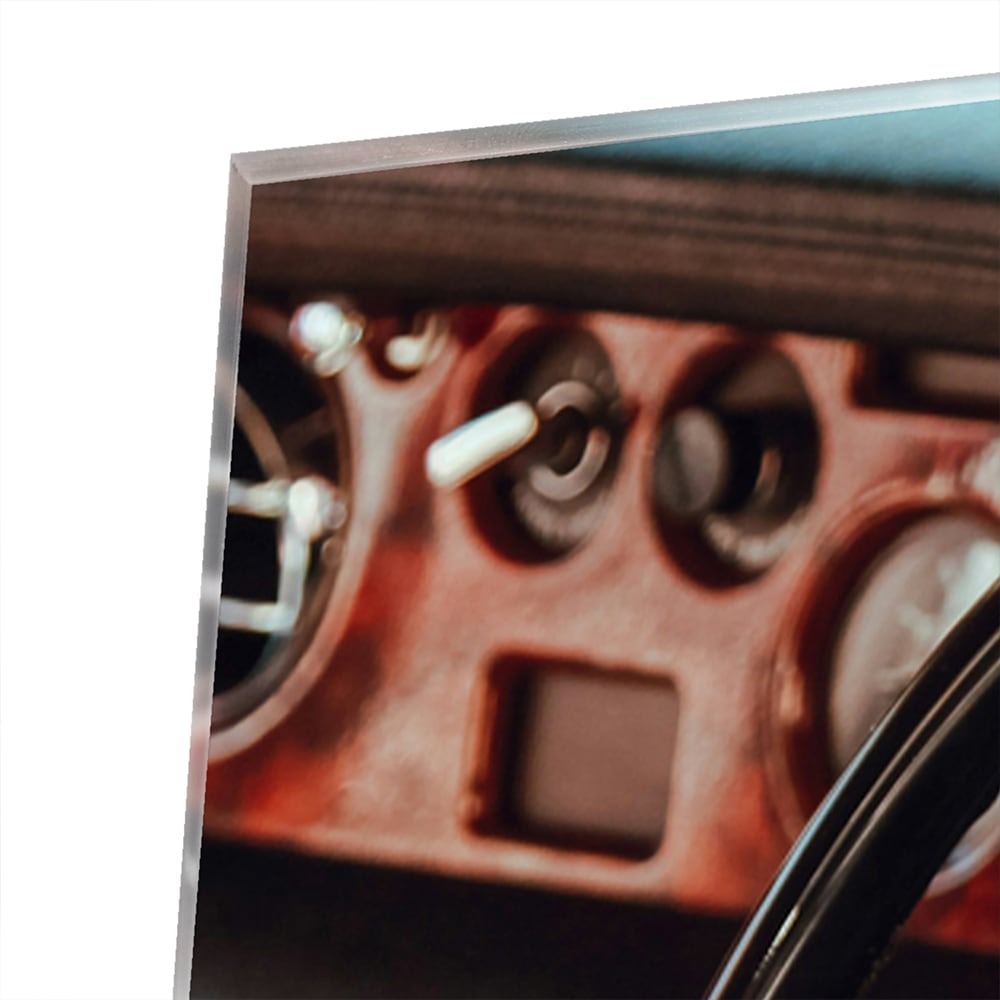 Retro-Auto-Glasbild mit Armaturenbrett für Liebhaber – Glasbild aus Sicherheitsglas, Größe 100x100_rond