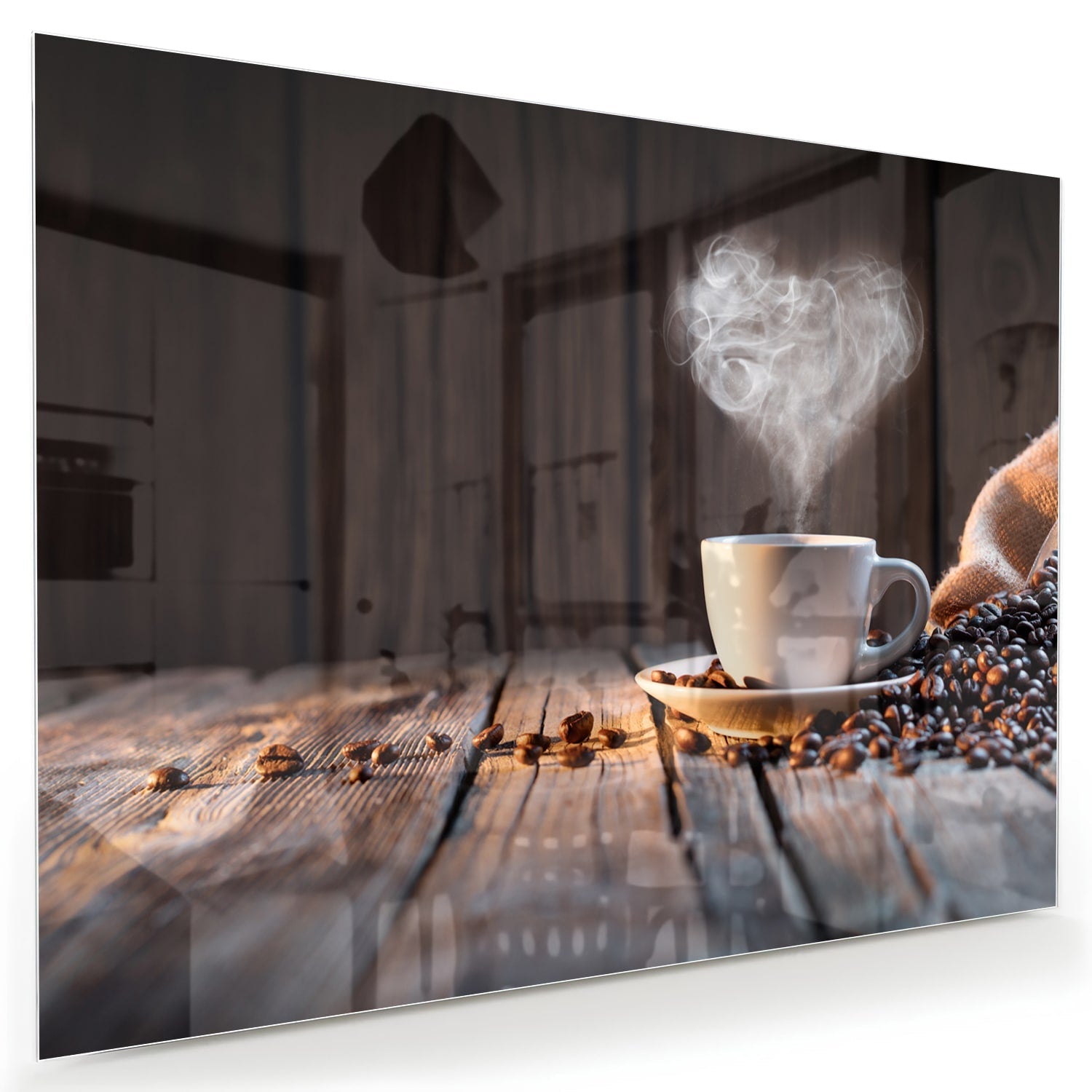 Stilvolles Glasbild mit Kaffee und Kaffeebohnen