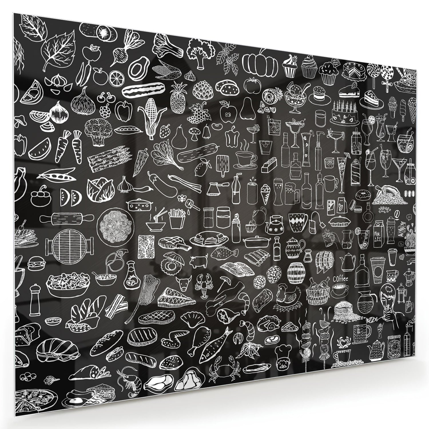 Abstraktes Schwarz-Weiß-Glasbild mit fröhlichen Illustrationen