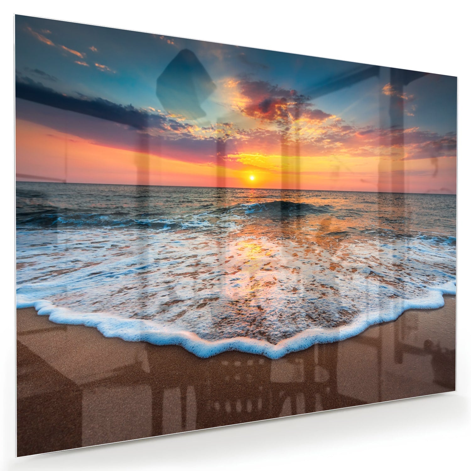 Glasbild – Sonnenuntergang am Strand