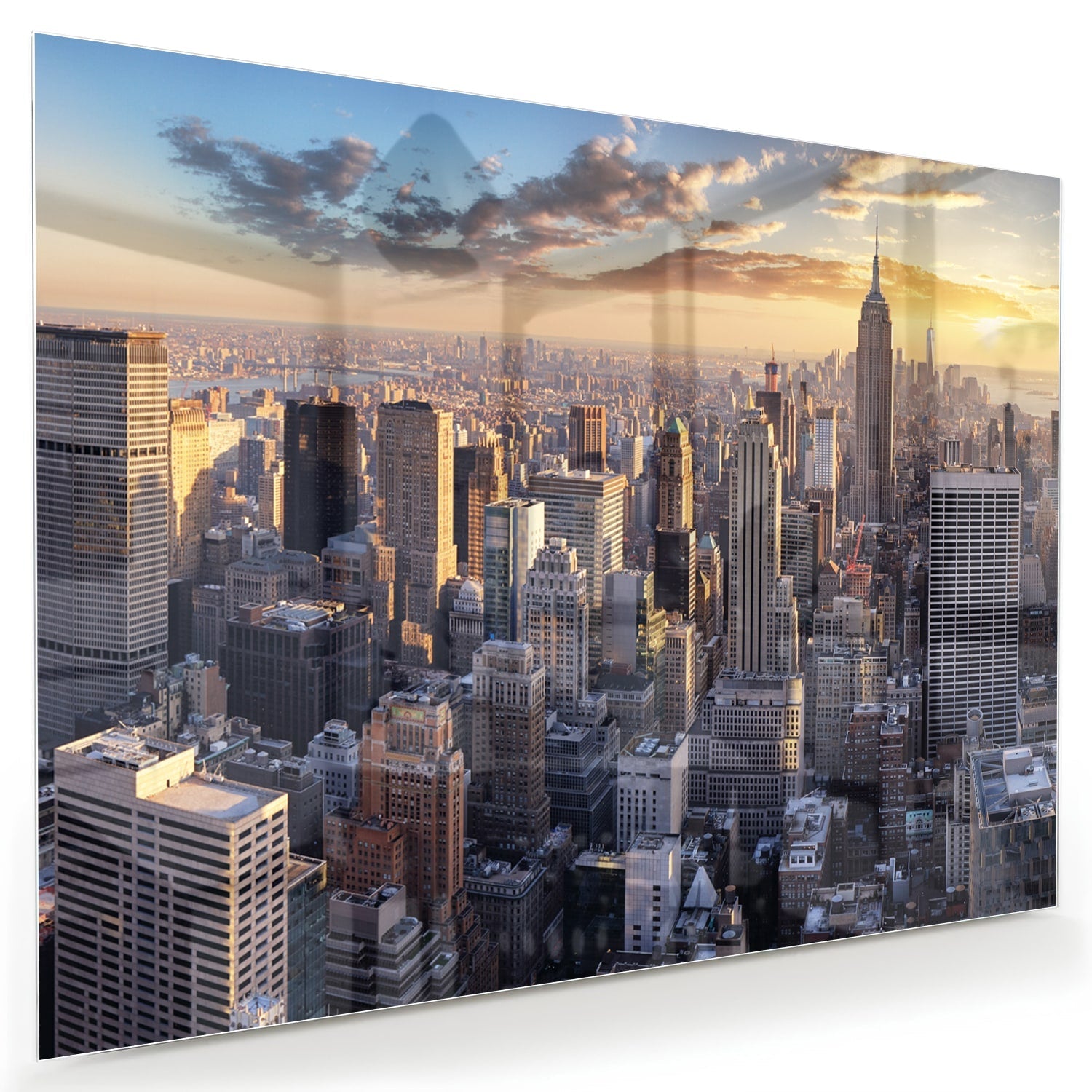 Glasbild mit atemberaubender Aussicht auf New York bei Sonnenuntergang