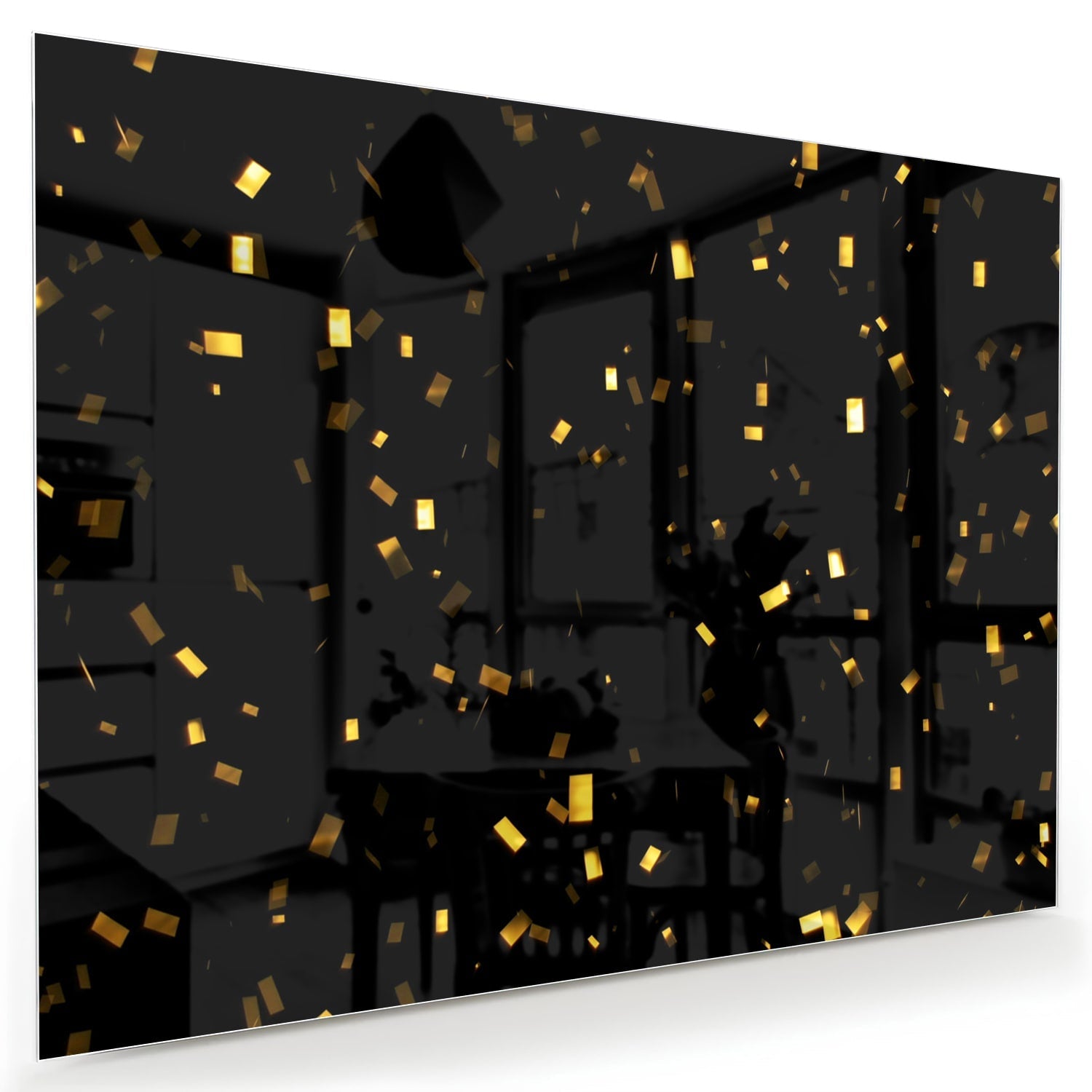 Schwarzes Glasbild mit goldenem Konfetti