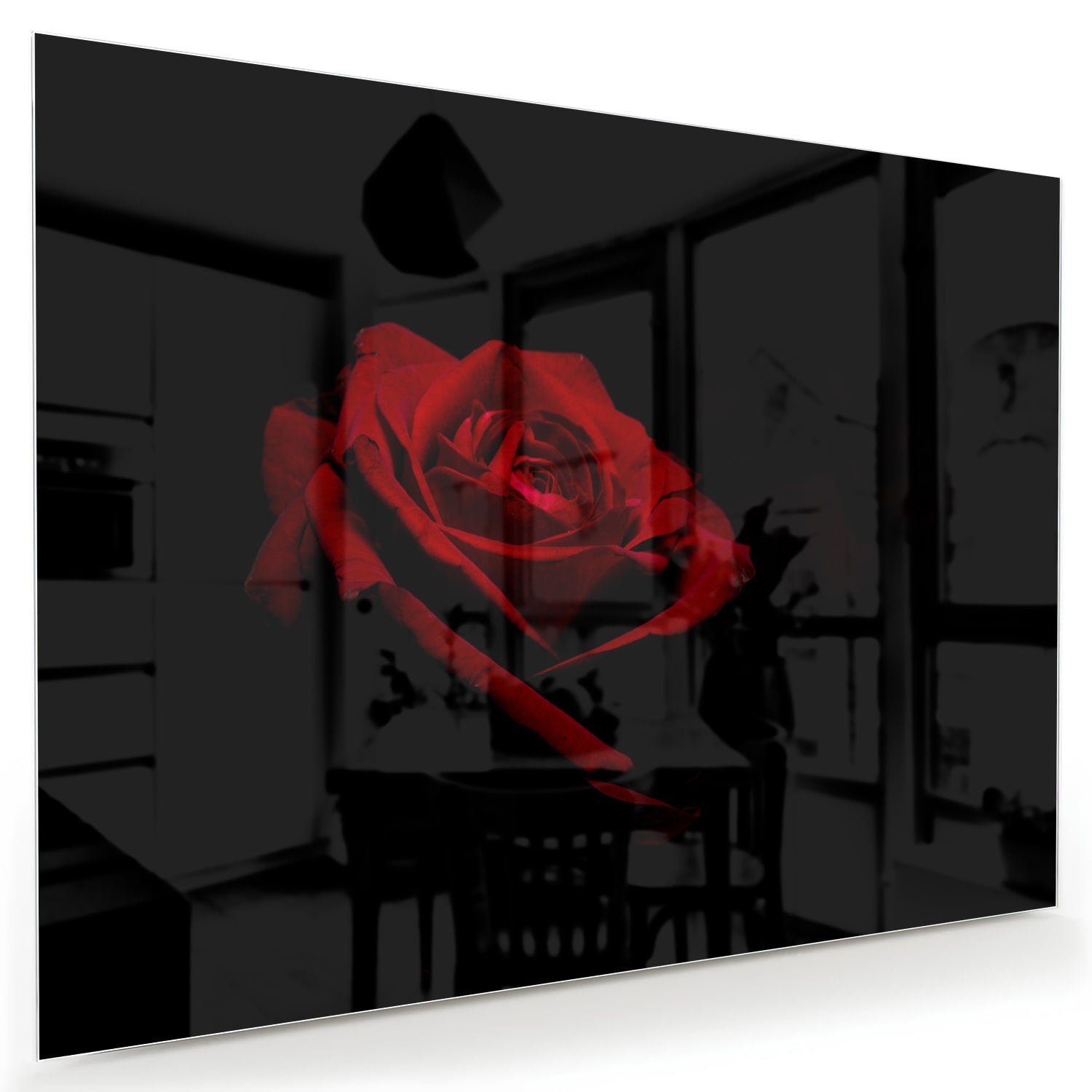 Elegantes Glasbild mit roter Rose auf schwarzem Hintergrund